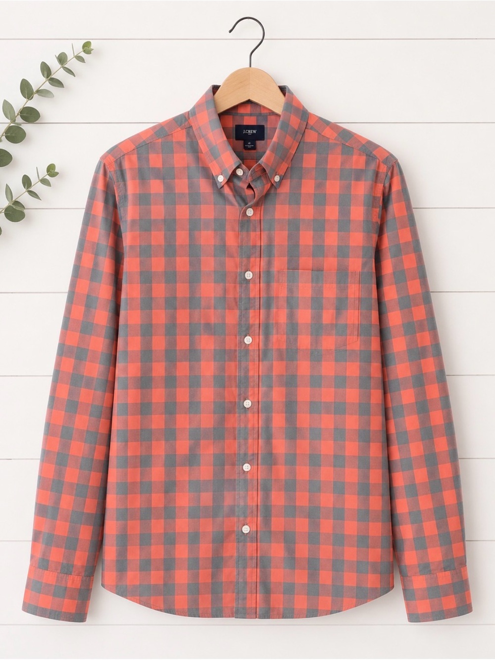 J. Crew Coral and Gray Check Button-Down Shirt